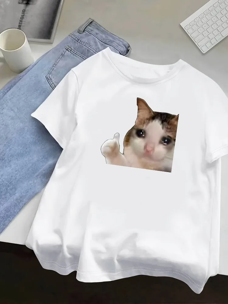 

Ladies' Cute Cat Printed T-shirt Casual Round Neck Short Sleeved Top with Fashionable Cat Pattern Design Soft for Daily Wear
