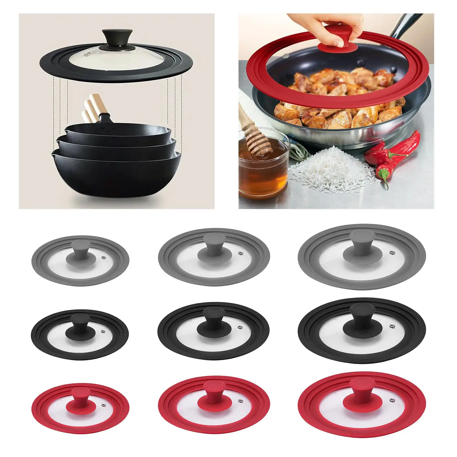 Universal Silicone Glass Lid Covers for Pots Pans, Cookware Replacement Lids