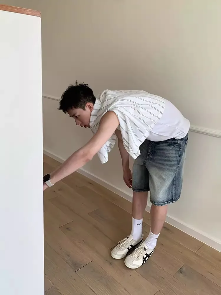 

Summer Vintage Waed Denim orts Men Women Casual Loose Straight Leg Wide Leg Five-Quarter Pants Youth Faion Jeans