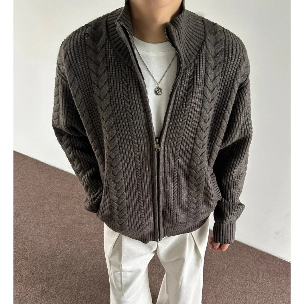 

Laid-ba American Retro Knitted Sweater Textured Hemp Twist Flower Full Zip Open Cardigan Outerwear Trendy Youth ex