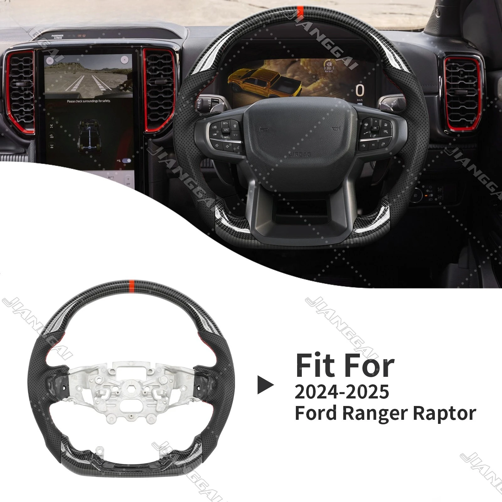 Real Carbon Fiber Flat Sport Steering Wheel Non-heated Fit For Ford Ranger Raptor 2024-2026  With paddle shifter holes Flat bottom design
