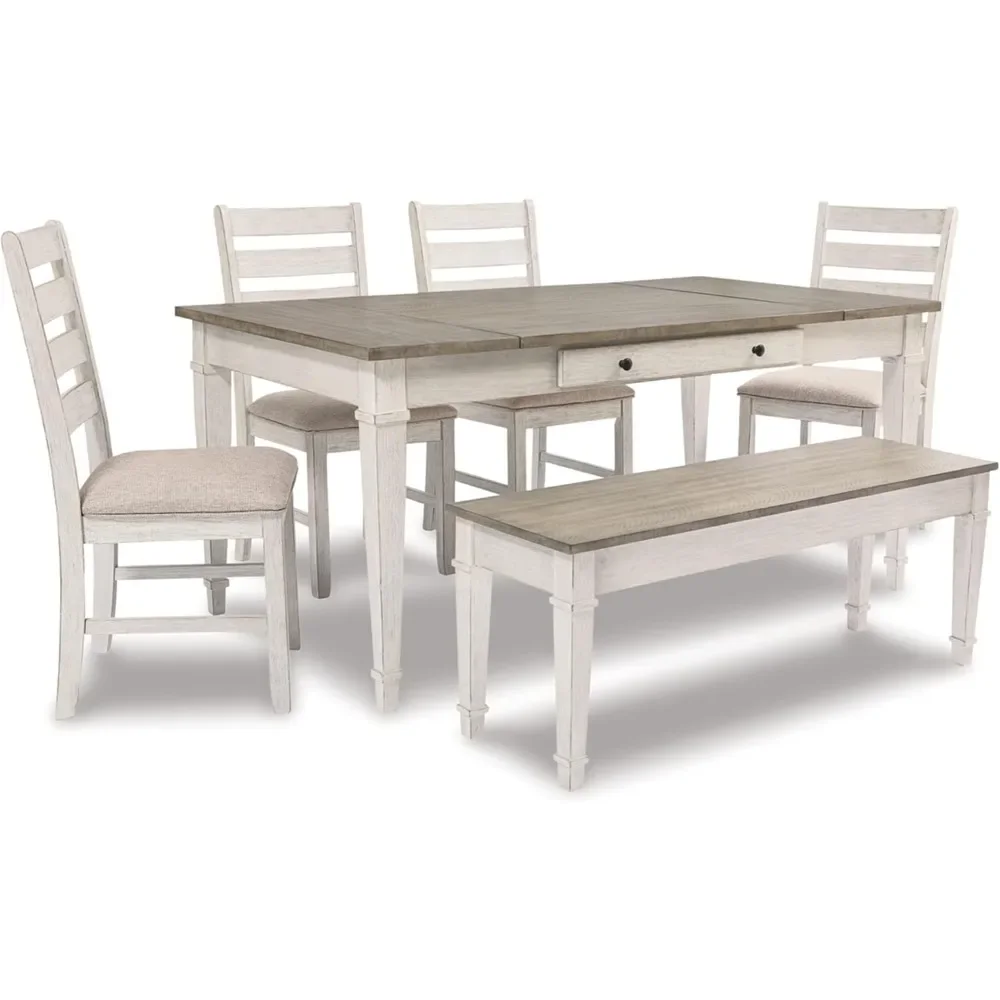 Mesa de jantar retangular Farmhouse com armazenamento, branco e marrom claro