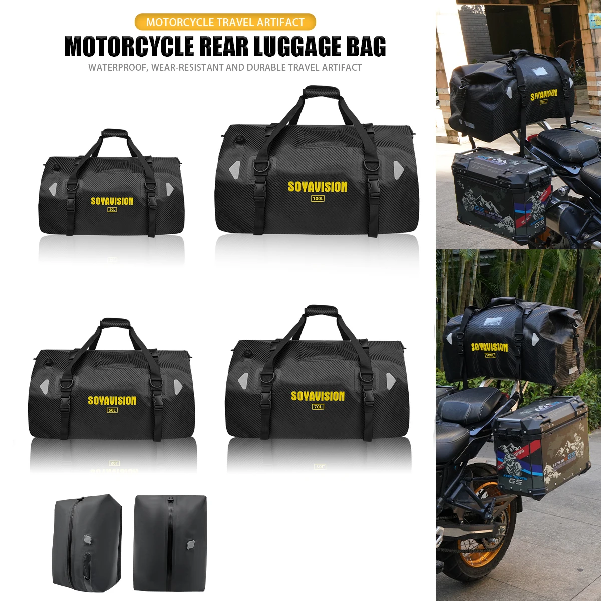 

Universal Motorcycle Cycling 20L/50L/70/100LSaddle bag Tail Bags Back Seat Bags Camping Travel Bag Scooter Sport Luggage Pack