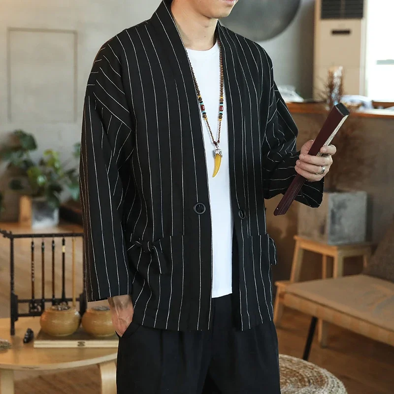 

Chinese Style Spring New Men's Striped Retro Cardigan Hanfu Cotton Linen Loose Kimono Taoist Robe Japanese Kimono Cardigan