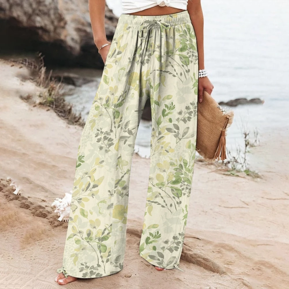 Nature-Inspired Prints Drawstring Pants Green & Yellow Plant Print Pants Womens Beach Trousers Versatile Vacation Wide-Leg Pants