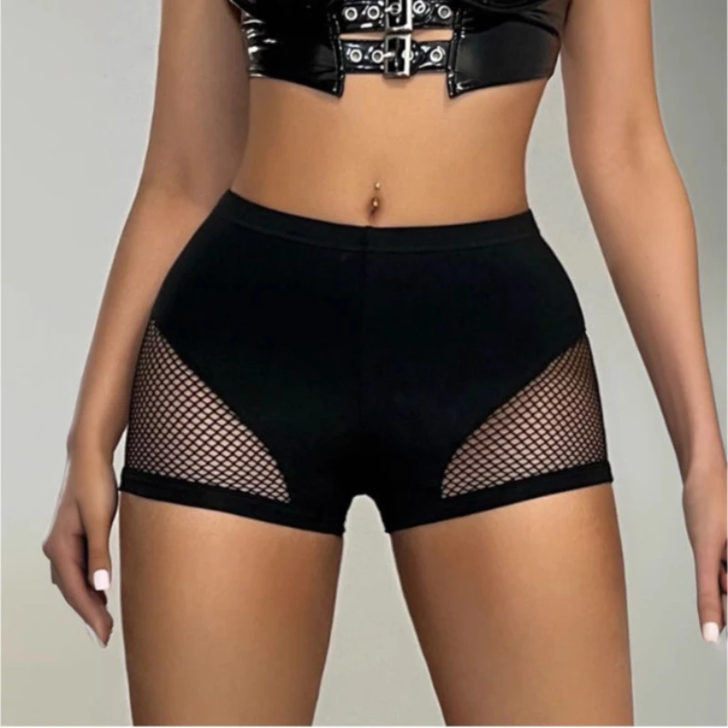 Shorts pretos de cintura alta para mulheres-painel de malha lateral e detalhe de ruched para trás, calças de streetwear sensuais com ajuste fino para primavera e verão