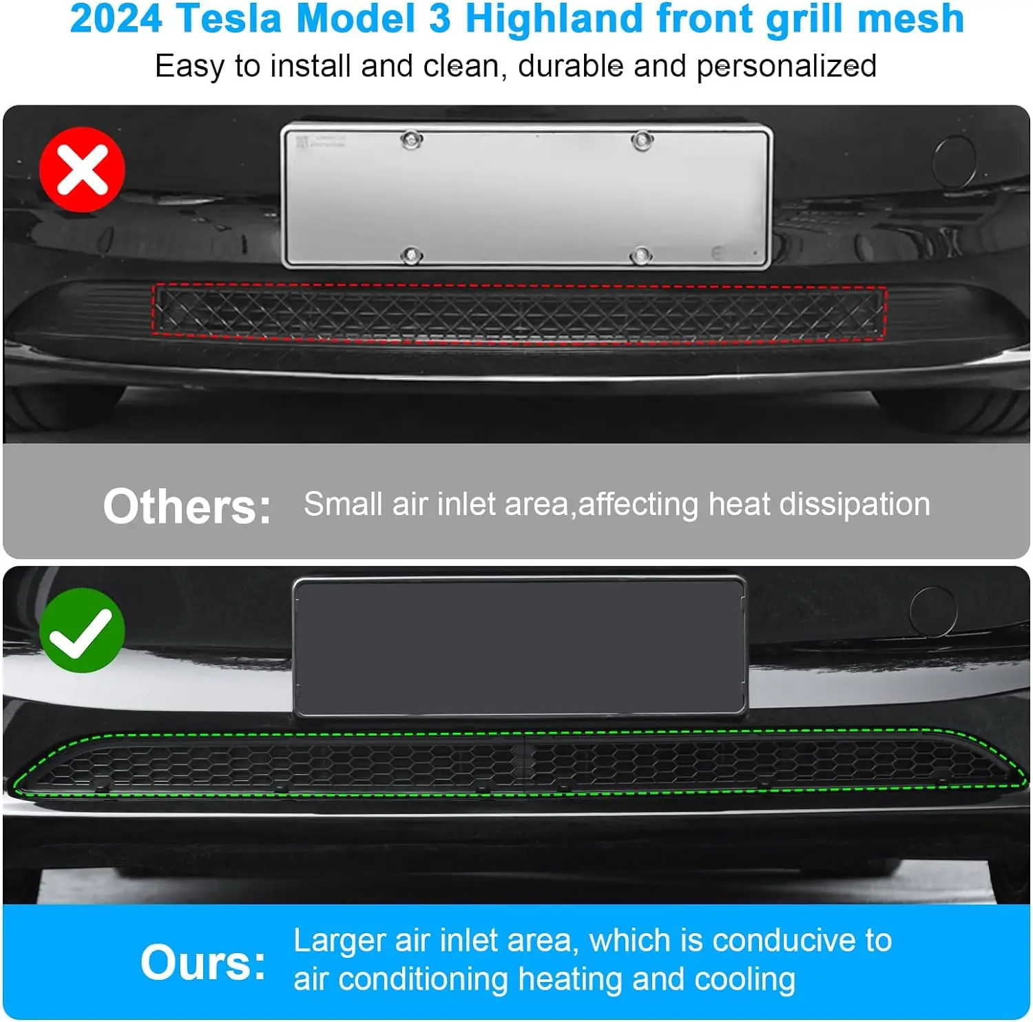 Copertura della griglia di sfiato della presa d'aria anteriore per Tesla Model 3 Highland 2024, protezione del paraurti antipolvere della rete Anti-insetto del paraurti inferiore