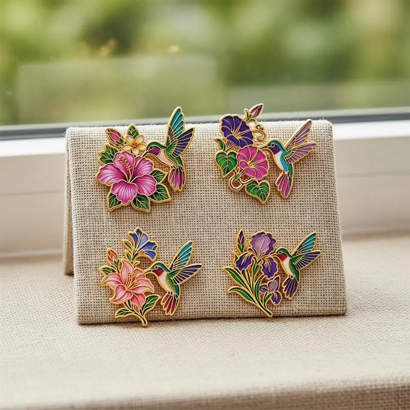 1/4Pcs Women's Brooches Collar Lapel Pins Hummingbird Flower Enamel Pin Set Cute Bird Brooch For Coat Metal Badges Jewelry Gift