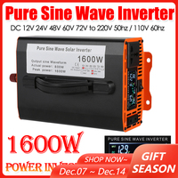 Pure Sine Wave Inverter 1600W 12/24/48V TO 220V 110V Voltage Converter LED Display High Power Power Inverter Power Car Inverter