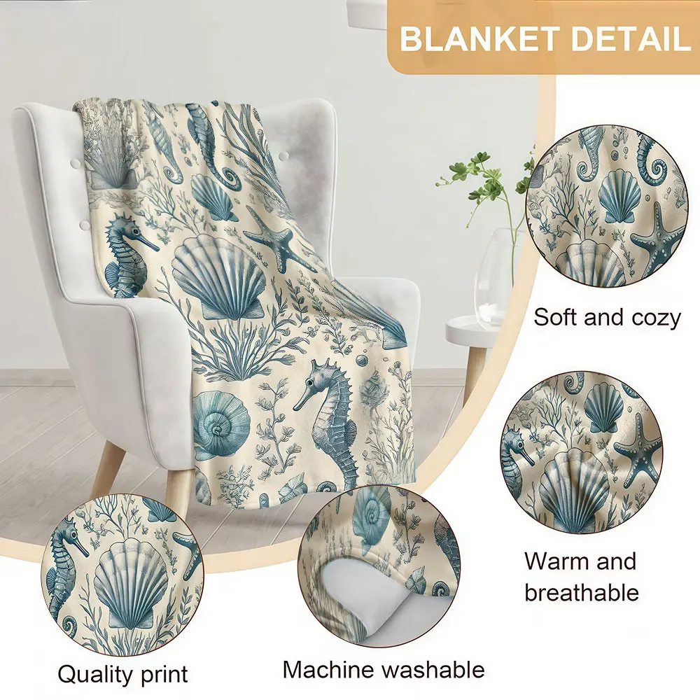 blue seahorse seashell vintage Soft Warm Flannel Blanket Lightweight Cozy Christmas Halloween Home Decor Room