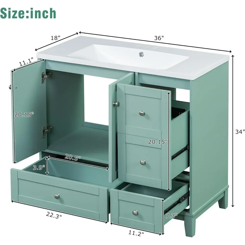 36" Modern  with USB Charging, Two Doors and Three Drawers , Small Bathroom Vanity Cabinet with Single Sink, Green