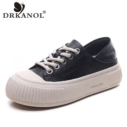 DRKANOL Women Chunky Platform Sneakers Mixed Colors Lace-Up Genuine Leather Thick Bottom Casual Shoes Round Toe Single Shoes
