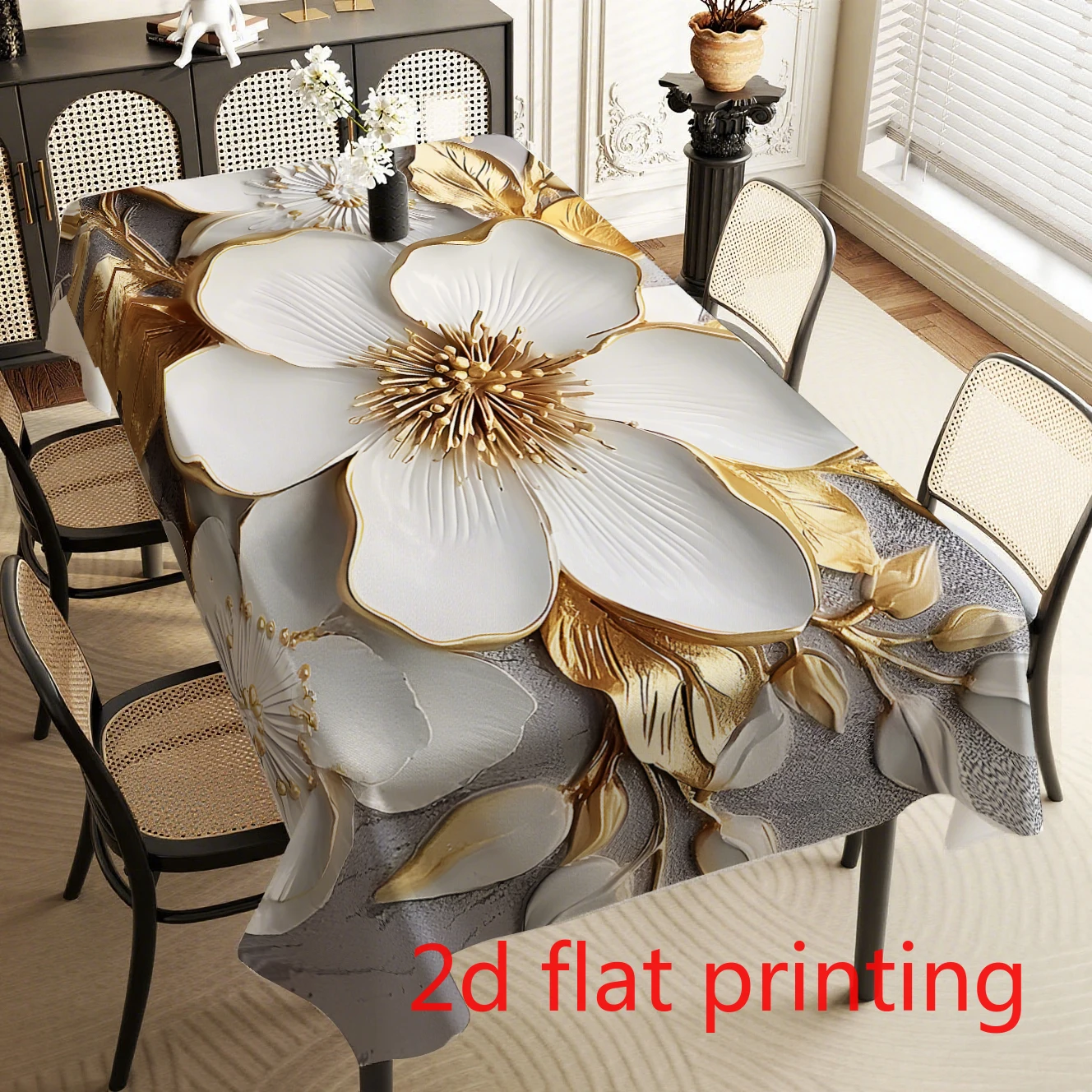 2D flat printing, 1pc luxurious golden art floral tablecloth, featuring white flowers