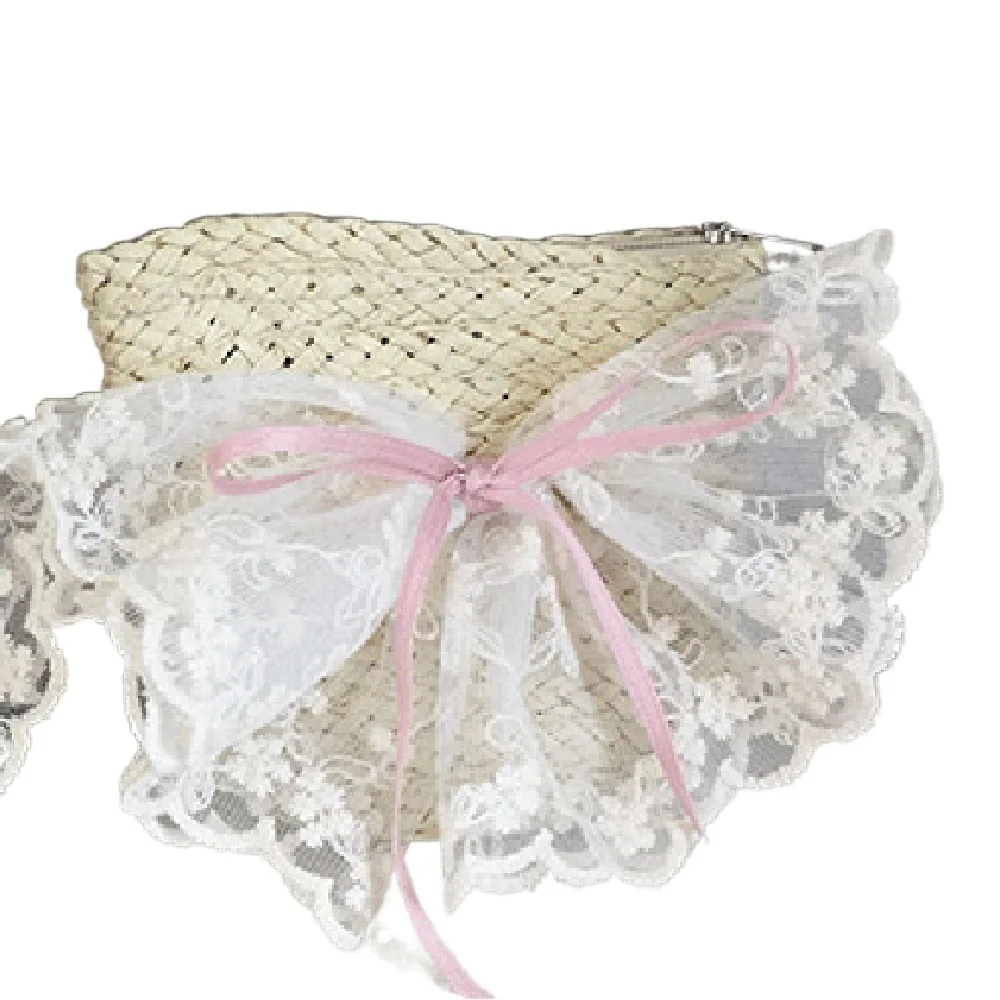 

Soft Sweet Bowknot Straw Sun Hat Ribbon Korean Style Girls Bucket Hat Breathable Lace Brim Woven Handbag Girls