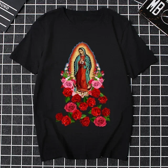 Men's Short Sleeve T-Shirt Virgen Morena Guadalupe Virgin Mary Flower Rose Print O-Neck Casual Prayer Wear Quality Shirt