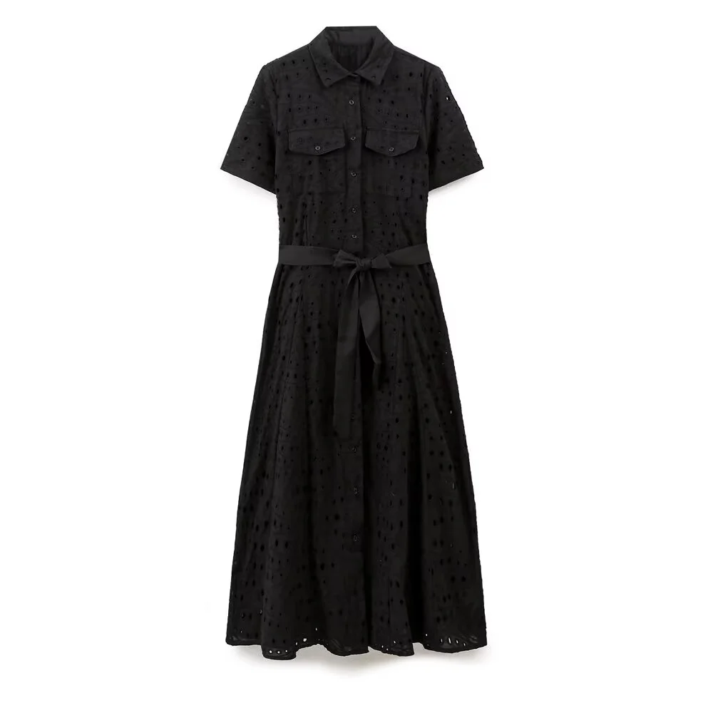 

PB&ZA 2025 Women's Black Short - Sleeve Eyelet Midi Dress with Button - Front, Chest Pockets and Sash Belt