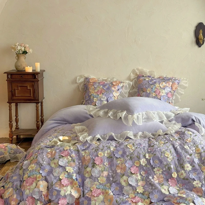 French Romantic Milk Fleece Thickened Warm Four-Piece Set 3D Floral Lace Lace Duvet Cover Winter Sheets and Bedding