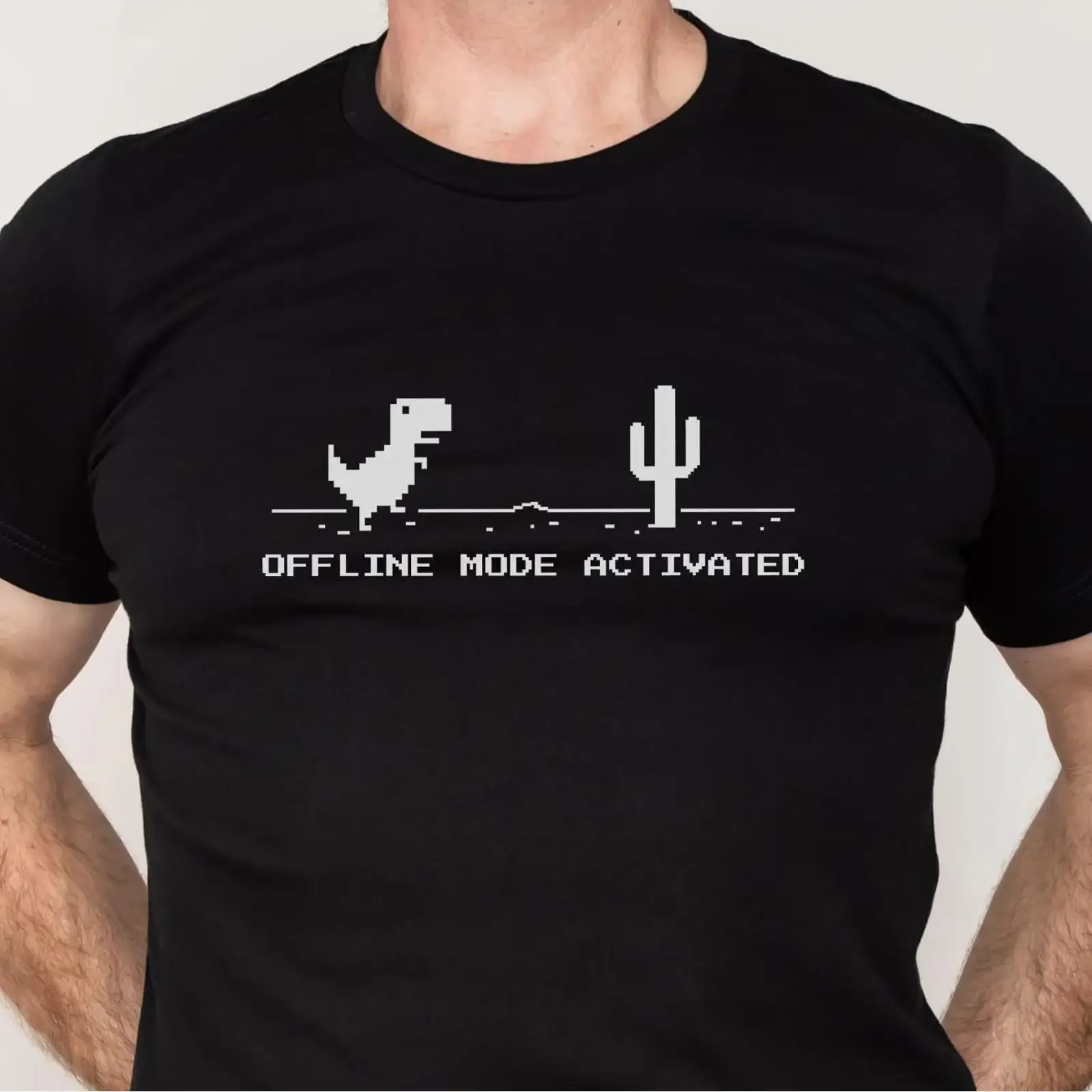 Offline Mode Activated Chrome Dinosaur T Shirt Funny Programmer IT Geek Software Engineer Coding Sarcastic  vintage Washed