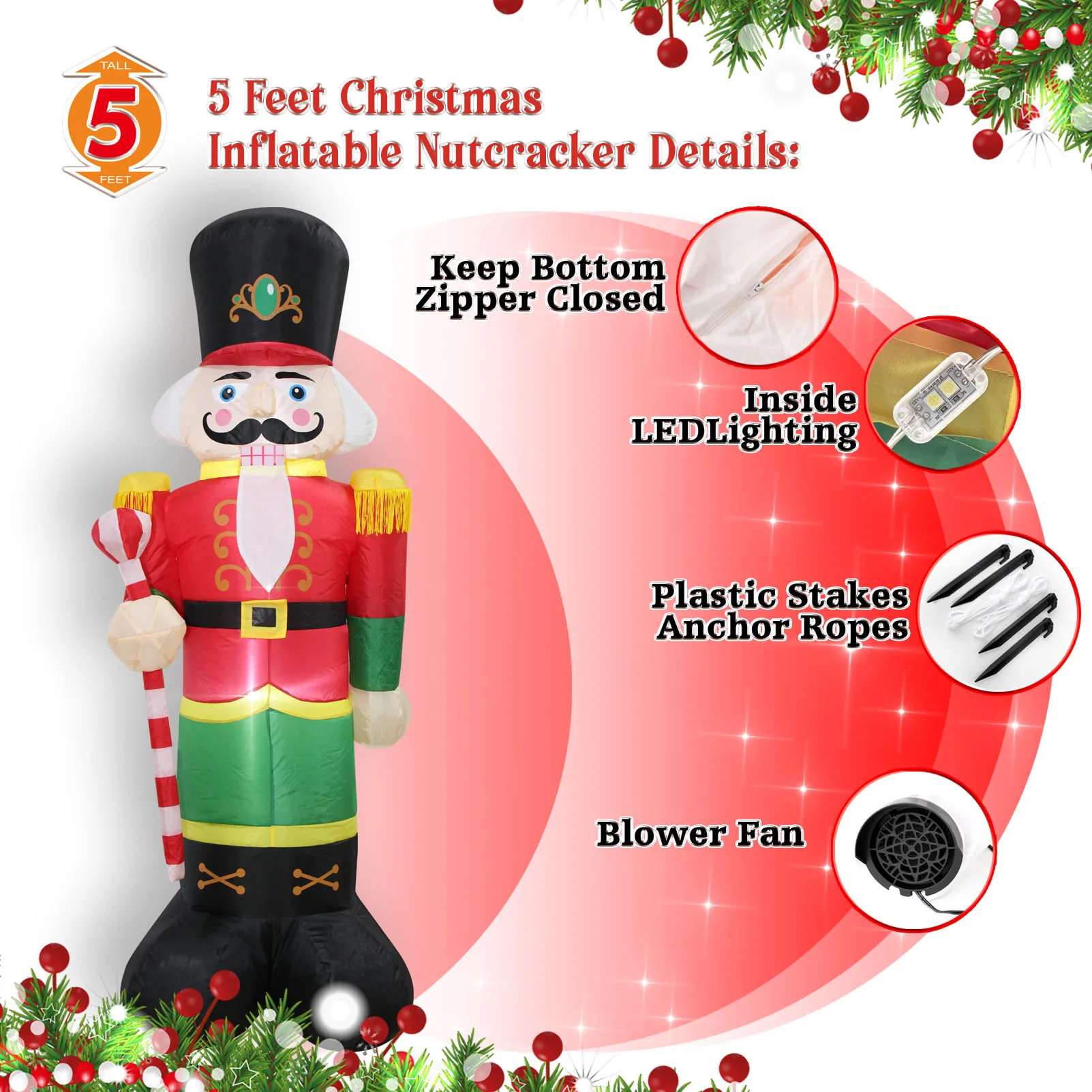 1.5m Christmas Inflatable Soldier LED Lighted Blow Up Outdoor Yard Lawn Decoration for Home Garden Winter Holiday Party Decor