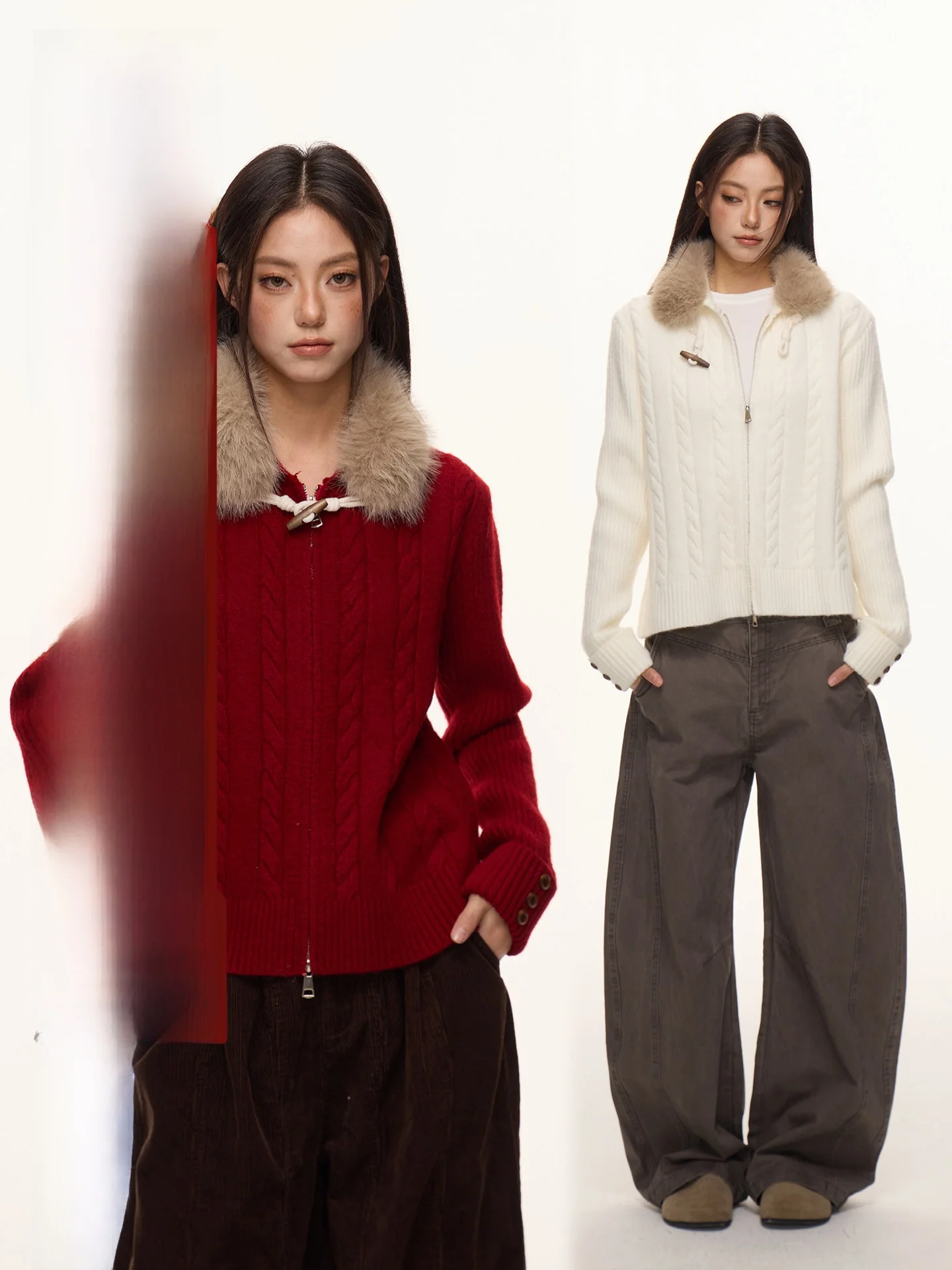 

Красный вязаный свитер Nova B с меховым воротником, приталенный, повседневный, теплый кардиган на молнии с длинными рукавами для женщин, весенний сезон