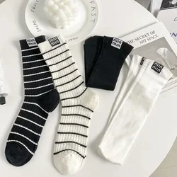 4 Pair Thinsocks For Women Striped Printed Japanese Korean Style Fashion Thin Loose Middle Tube Summer Socks Luxury Solid Color