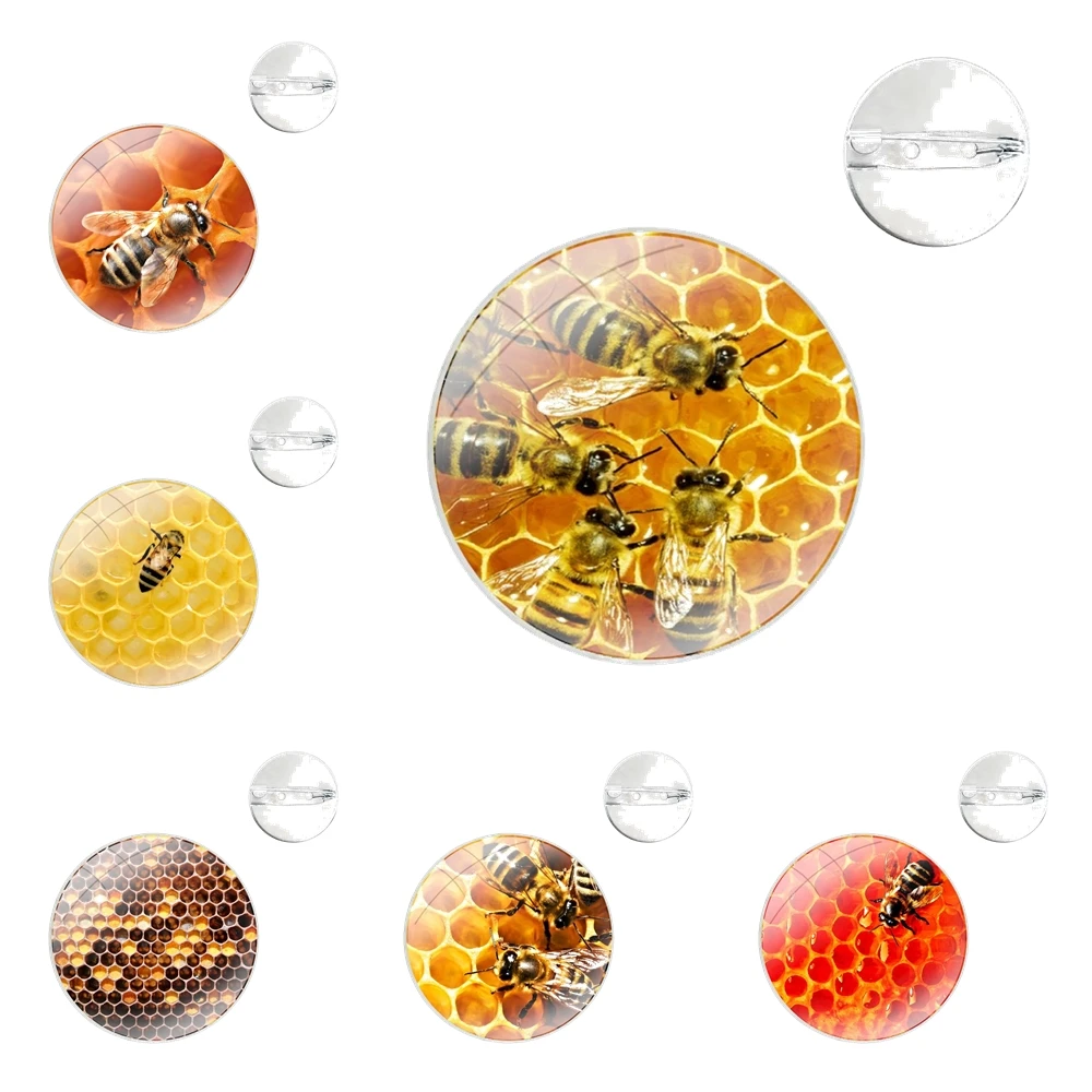 Glass Dome Brooches Badge Pins For Clothes Hat Shirt Lapel Bag Bumble Bee Honeycomb Honey