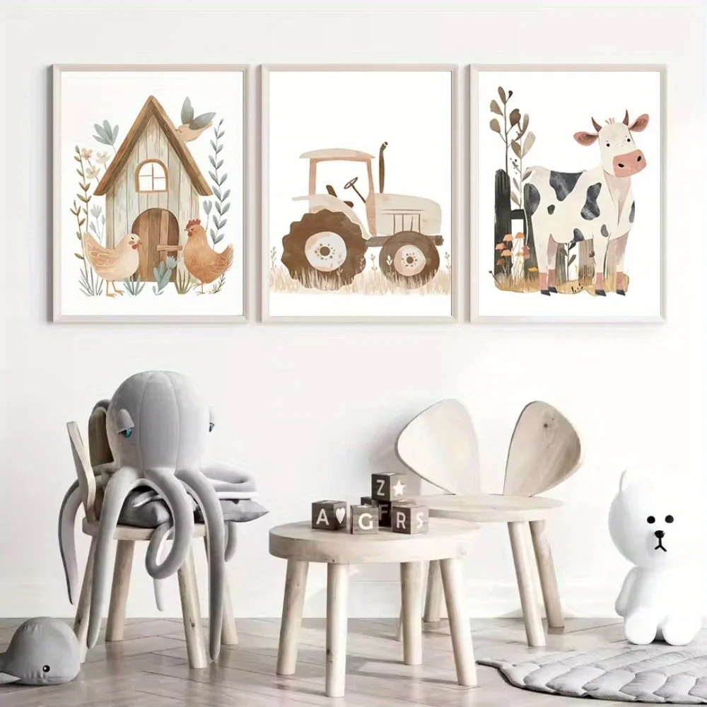 3pcs Minimalist Cartoon Farmhouse Animal Frameless Posters Chicken, Cow, Tractor Canvas Children's Room Decor for Nursery Gift