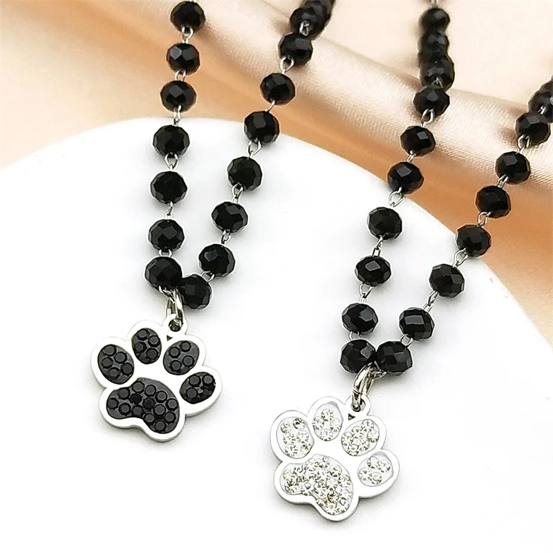 

Darling Dog Paw Chain For Women Men Stainless Steel Full Crystal Beads Animal Hiphop Party Clothing Matching Necklace Jewelry