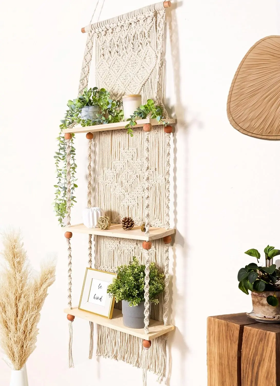 

3-Tier Macrame Wall Shelf, Handmade Boho Plant Hanger, Woven Rope Floating Rack for Living Room Bathroom Home Decor