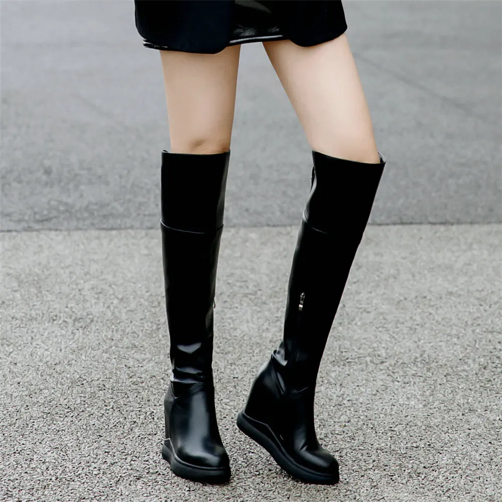 Winter Platform Pumps Shoes Women Genuine Leather Wedges High Heel Motorcycle Boots Female Round Toe Thigh High Fashion Sneakers