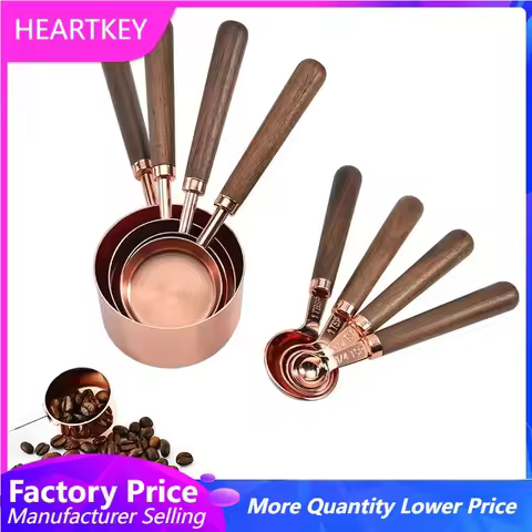 Walnut Wooden Handle Stainless Steel Measuring Cups Spoons Set Kitchen Baking scale Measuring Tools  Set Measuring Scoop