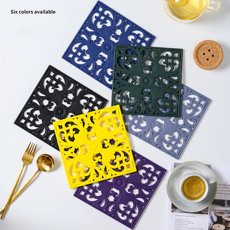 1pcs Cutout Pattern Silicone Coaster Art Flower Square Insulation Pad Water Filter Pad Anti Scalding Kitchen Accessorie