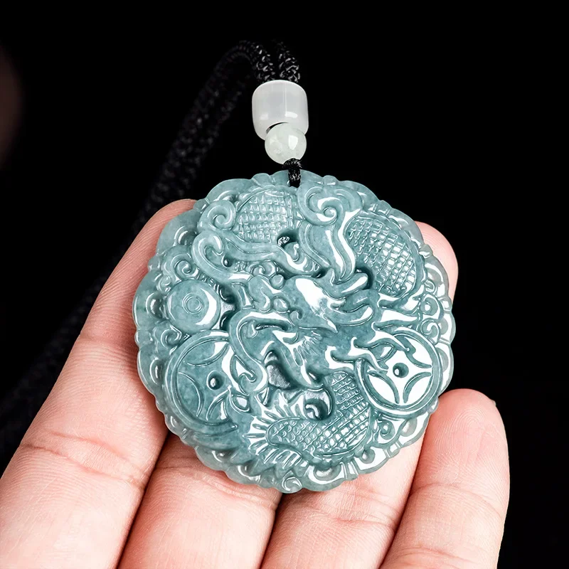 Blue Jadeite Dragon Pendant Necklace Charm Real Burmese Jade Vintage Choker Gifts for Women Natural Men Jewelry Fashion