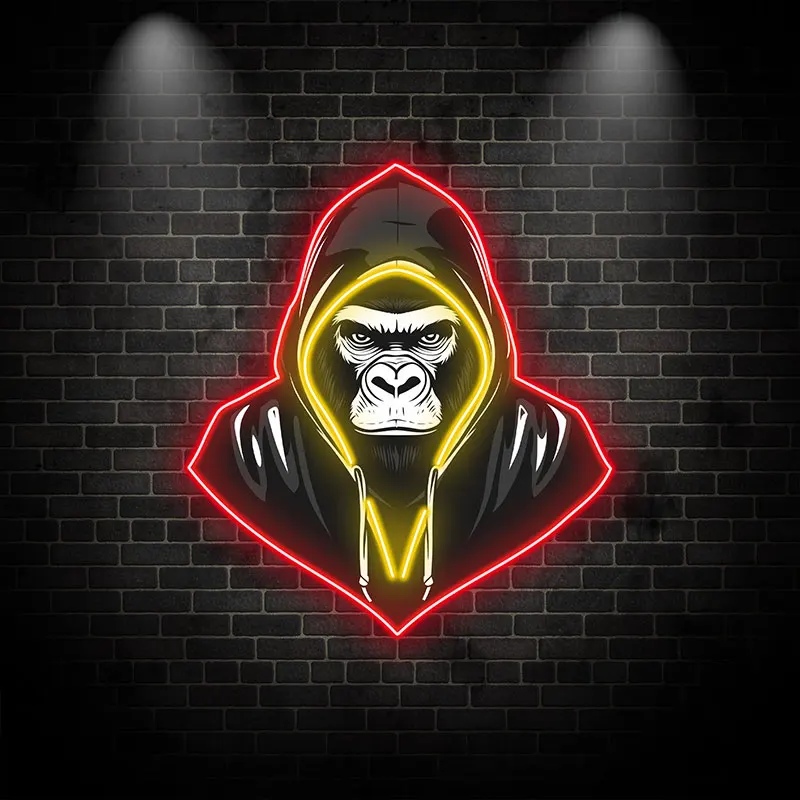 Fierce Gorilla Hoodie Neon Sign - Intense LED Decor for Gaming Room & Bedroom, Perfect for Man Cave Decor- Red and Yellow Glow