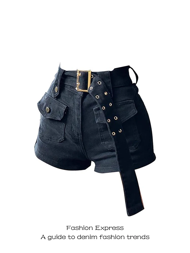 

Retro American Vibe Black Workwear Denim Shorts Women's High Waist Slim A-Line Super Short Hot Pants Spring Autumn Winter