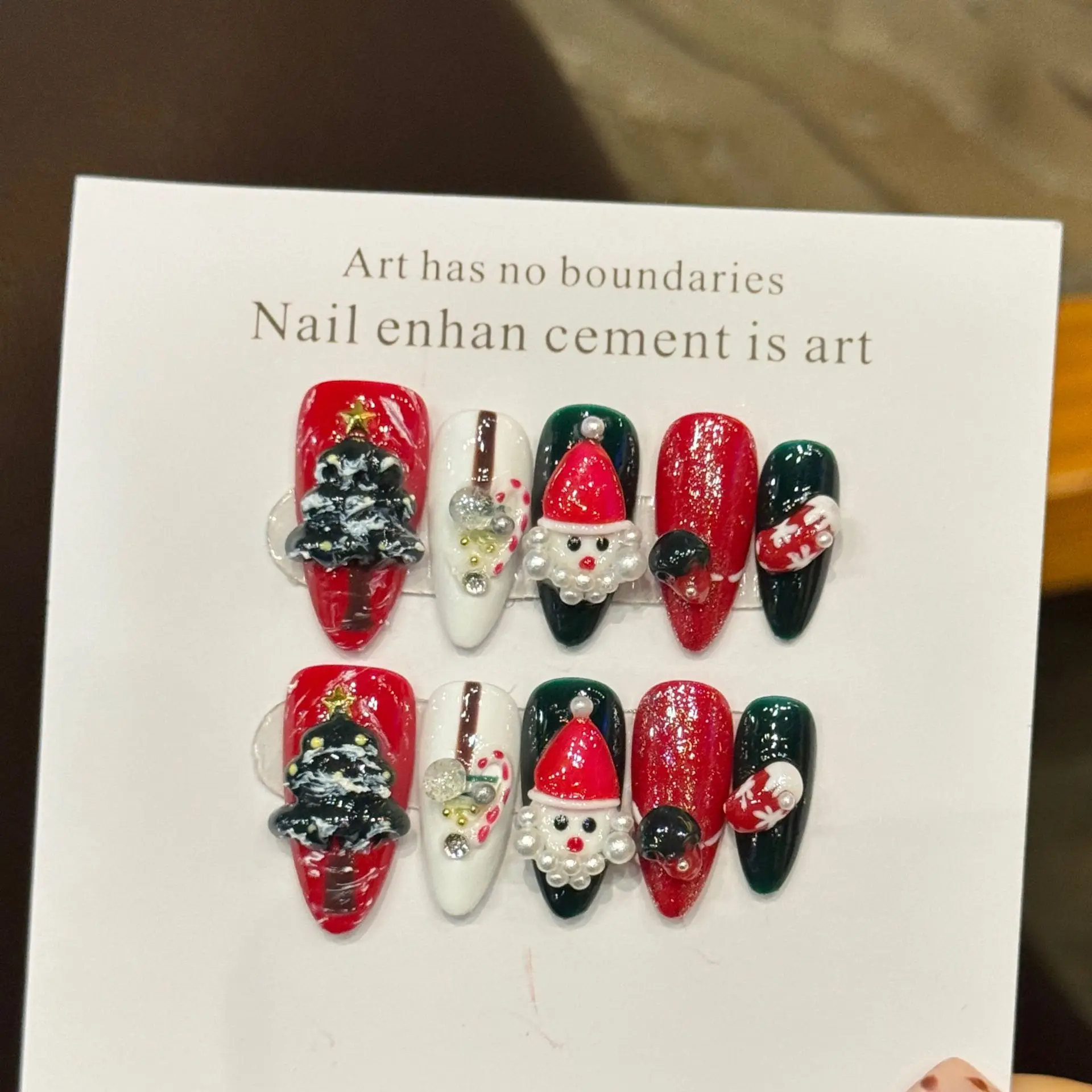 10 PCS Luxury Handmade Press on Nails Middle Almond Christmas style Design with 3-PIECE Tool Adhesive Nail Glue Tabs