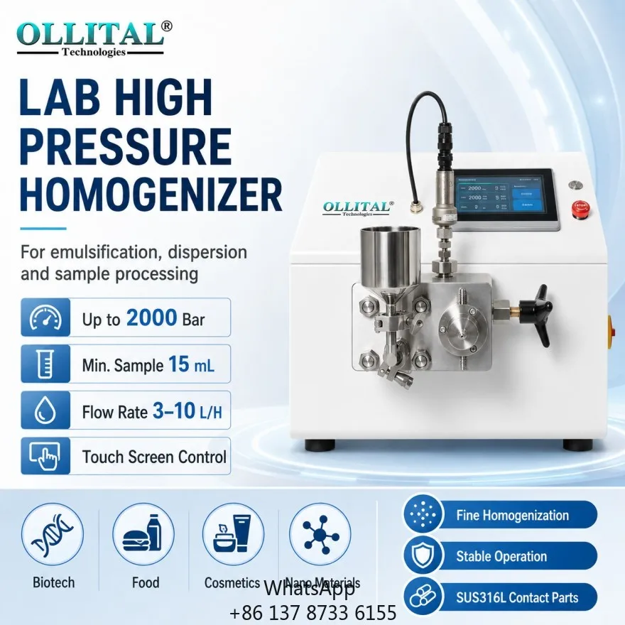 Ollital Laboratory High Pressure Homogenizer For Small Sample R&D With 2000 Bar Lab Homogenizer Processing