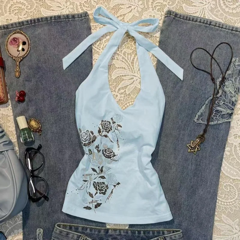 

Сексуальный готический винтажный женский камзол в стиле панк с принтом роз Y2K, модный жилет с лямкой на шее, Harajuku, уличная одежда в стиле хип-хоп, американский топ на бретелях