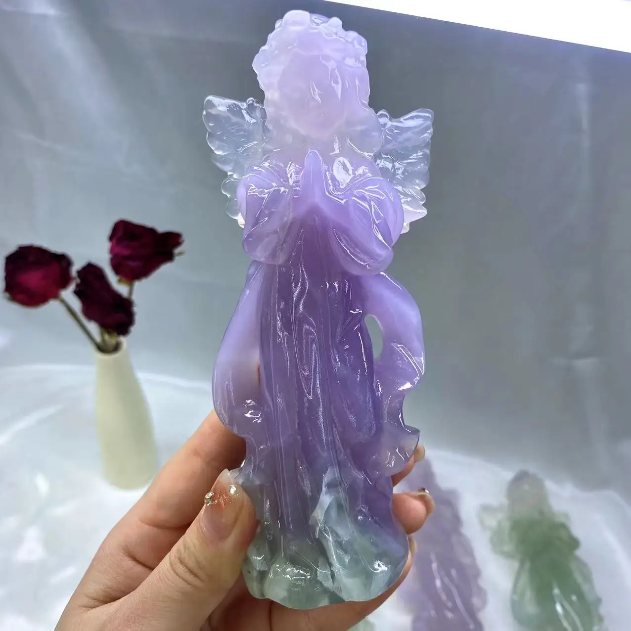 Natural Macaron Fluorite Angel Crystal Hand Carved Polished Figurine Healing Energy Stone Feng Shui Aesthetic Room Decor Gifts