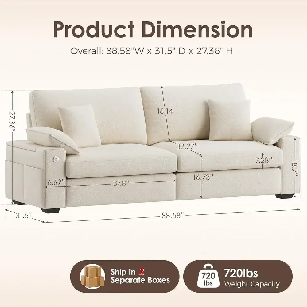 Beige 3-Seat Deep Sofa with Side Storage, Removable Cover, Wide Armrests for Small Spaces