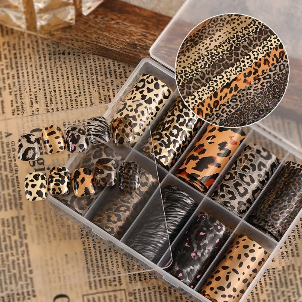 10Pcs/Box Leopard Print Transfer Nail Foils Sticker DIY Animal Pattern Nail Stickers 4x100cm Nail Art Transfer Paper