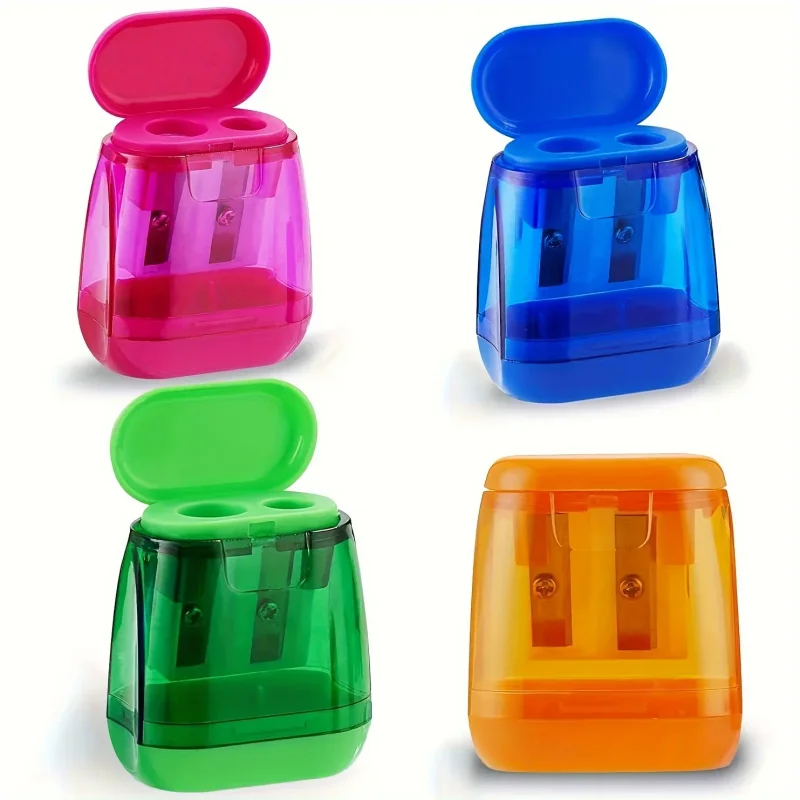 4PCS/SET Dual-Hole Pencil Sharpeners with Lid and Shavings Container Portable Manual Sharpener Set for Colored Pencils