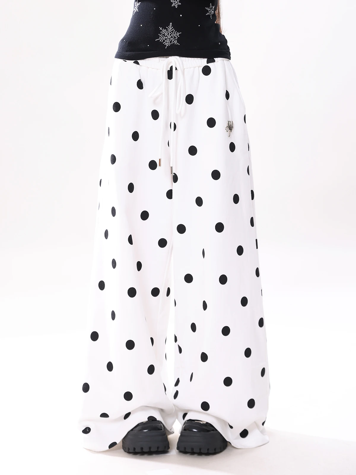 

ENJOG Spring Summer Polka Dot Elastic Waist Wide Leg Pants Women's Loose Casual Straight Leg Trousers Floor Length