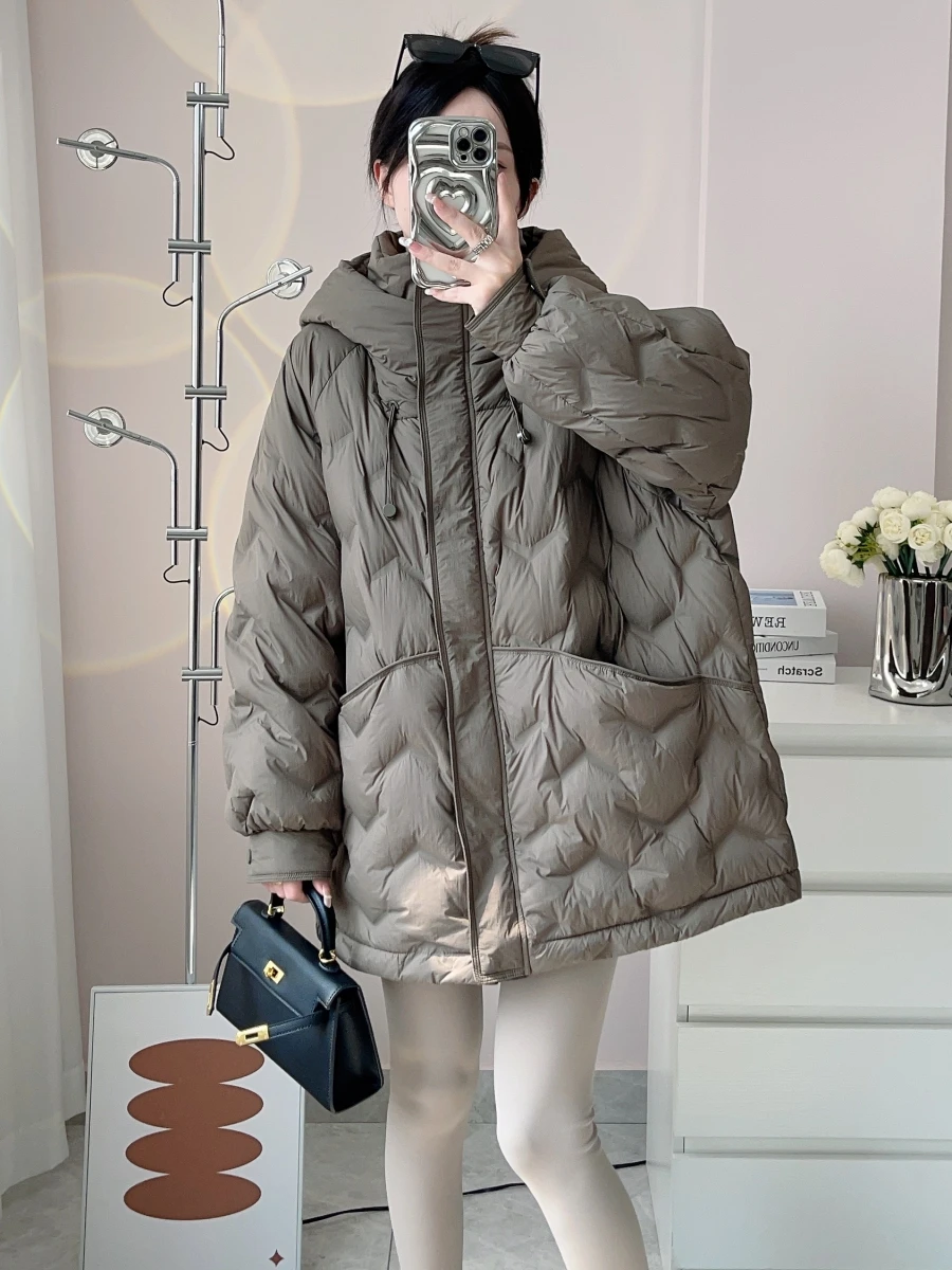 

Ele Women's Mid-Length down Jaet Faionable Stitching Hooded Coat Korean Sle Commute White Du Feather Thiened