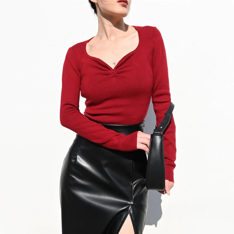 

Women Sweetheart Neckline Knit Jumper Elegant Long Sleeve Knit Top