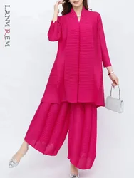 LANMREM Casual Pleated 2 Piece Set Women Long Sleeves Tops High Waist Wide Leg Trousers Solid Color 2024 Spring New 2DA4290