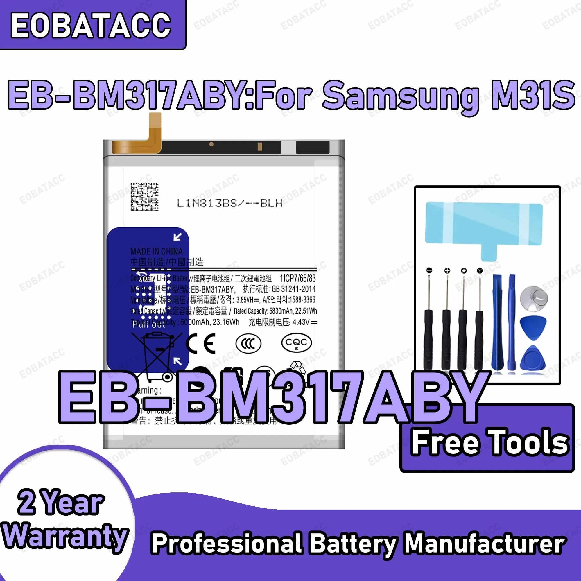 6000mAh EB-BM317ABY Replacement Battery for Samsung Galaxy M31S Repair Tools Kit