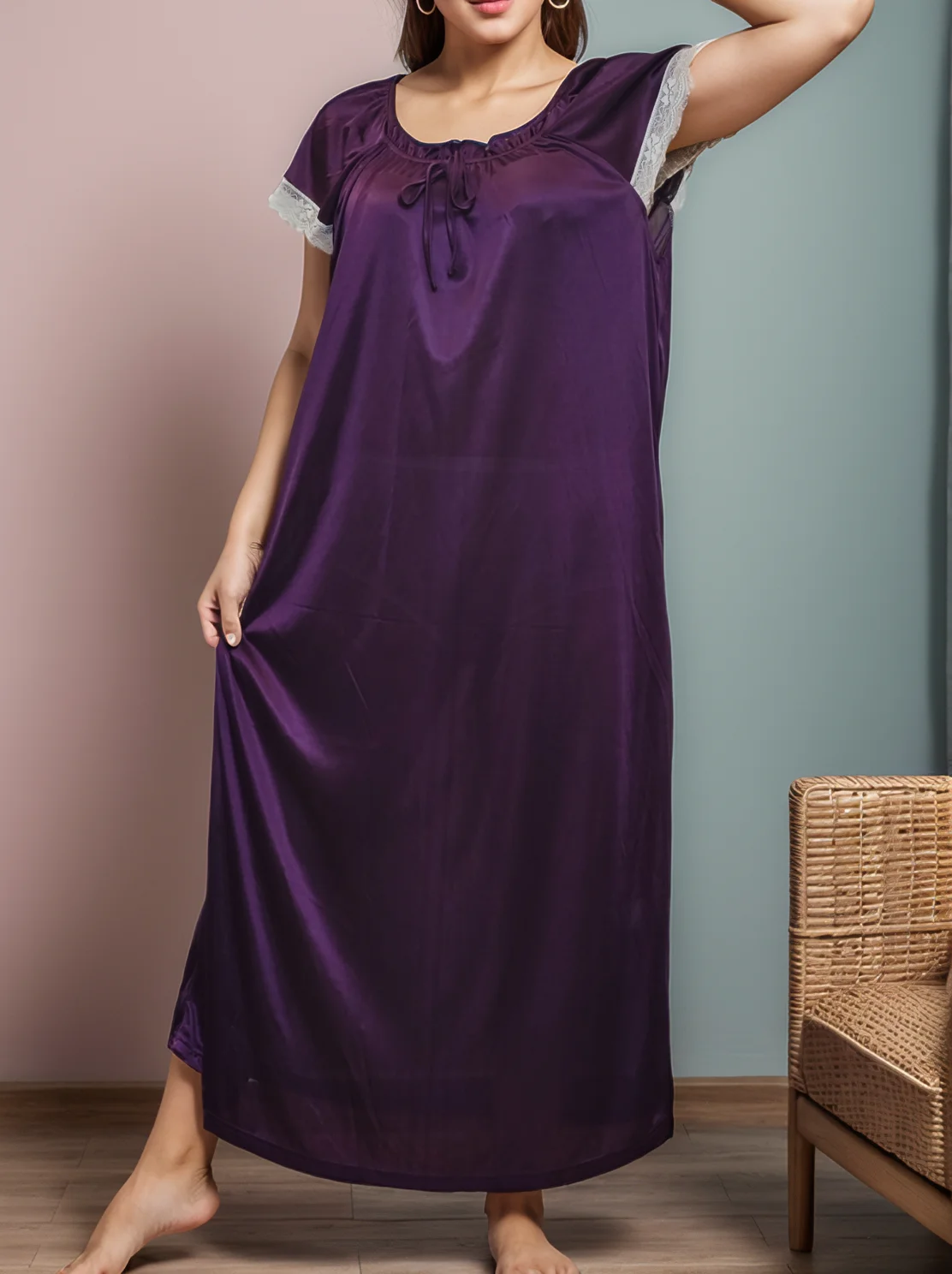 Plus Size Women's Elegant Purple Lace Round Neck Nightgown - Soft Sexy Short Sleeve Sleepwear Robe for Home & Lounge