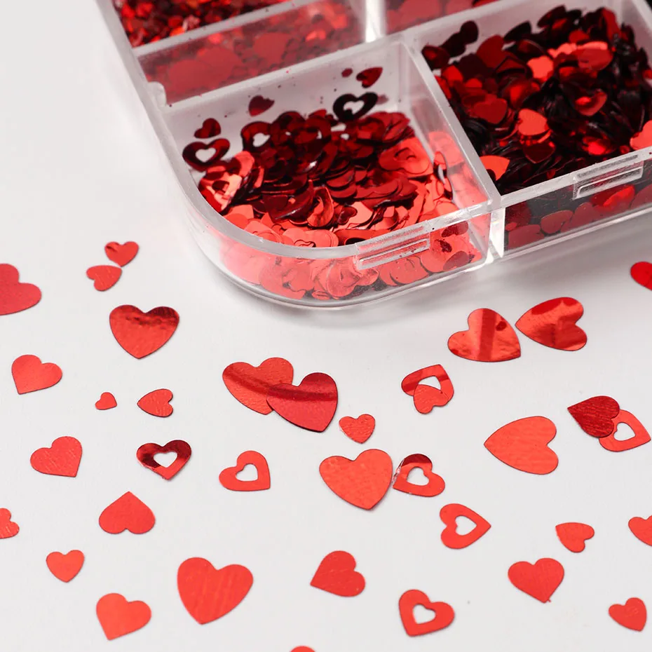 12 Grids Red Heart Valentine Nail Glitter Sequins Fine Chrome Powder 3D Hexagon Flakes Dust French Manicure Wedding Nail Decor