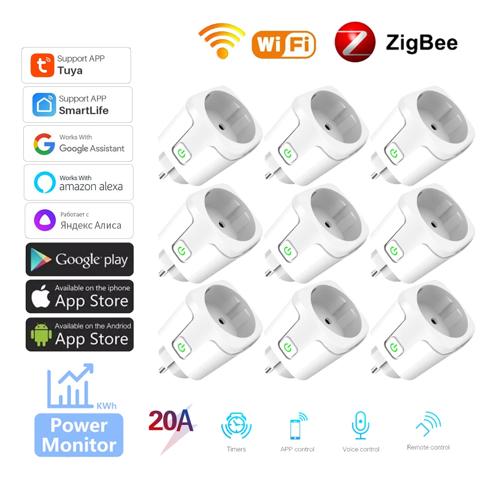 20A Zigbee WiFi Smart Socket Tuya Smart Life Timing EU Plug With Power Monitor Wireless Outlet Work With Alexa Google Home Alice